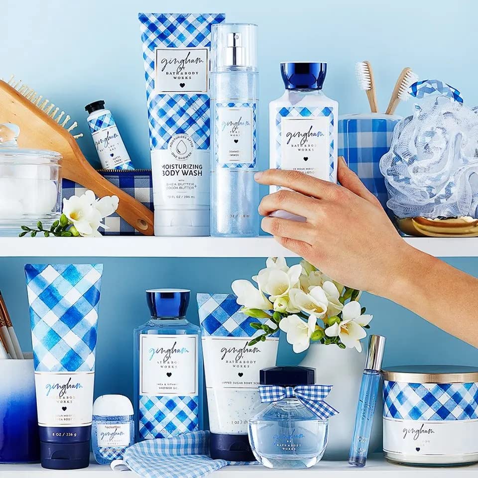 Bath & Body Works Gingham two-pack next to a ruler showing size and convenient gift-ready set