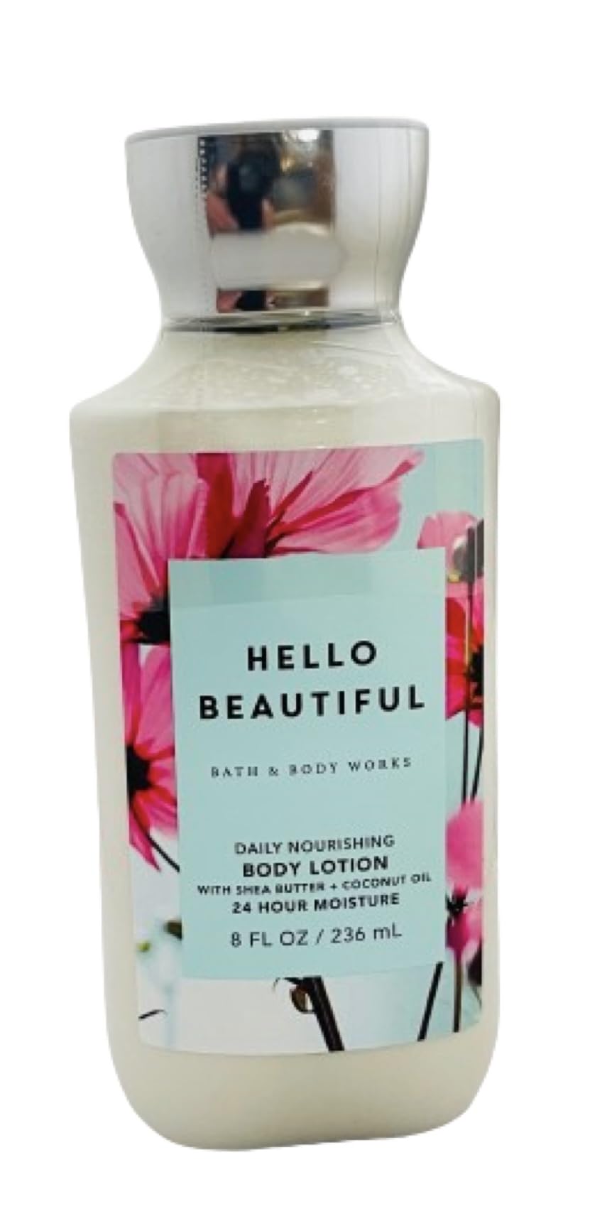 Bath & Body Works front packaging of Hello Beautiful lotion showing 8 oz bottle and label, convenient daily moisturizer