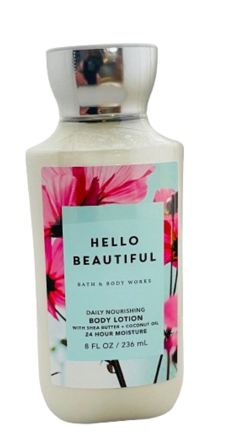 Bath & Body Works front packaging of Hello Beautiful lotion showing 8 oz bottle and label, convenient daily moisturizer