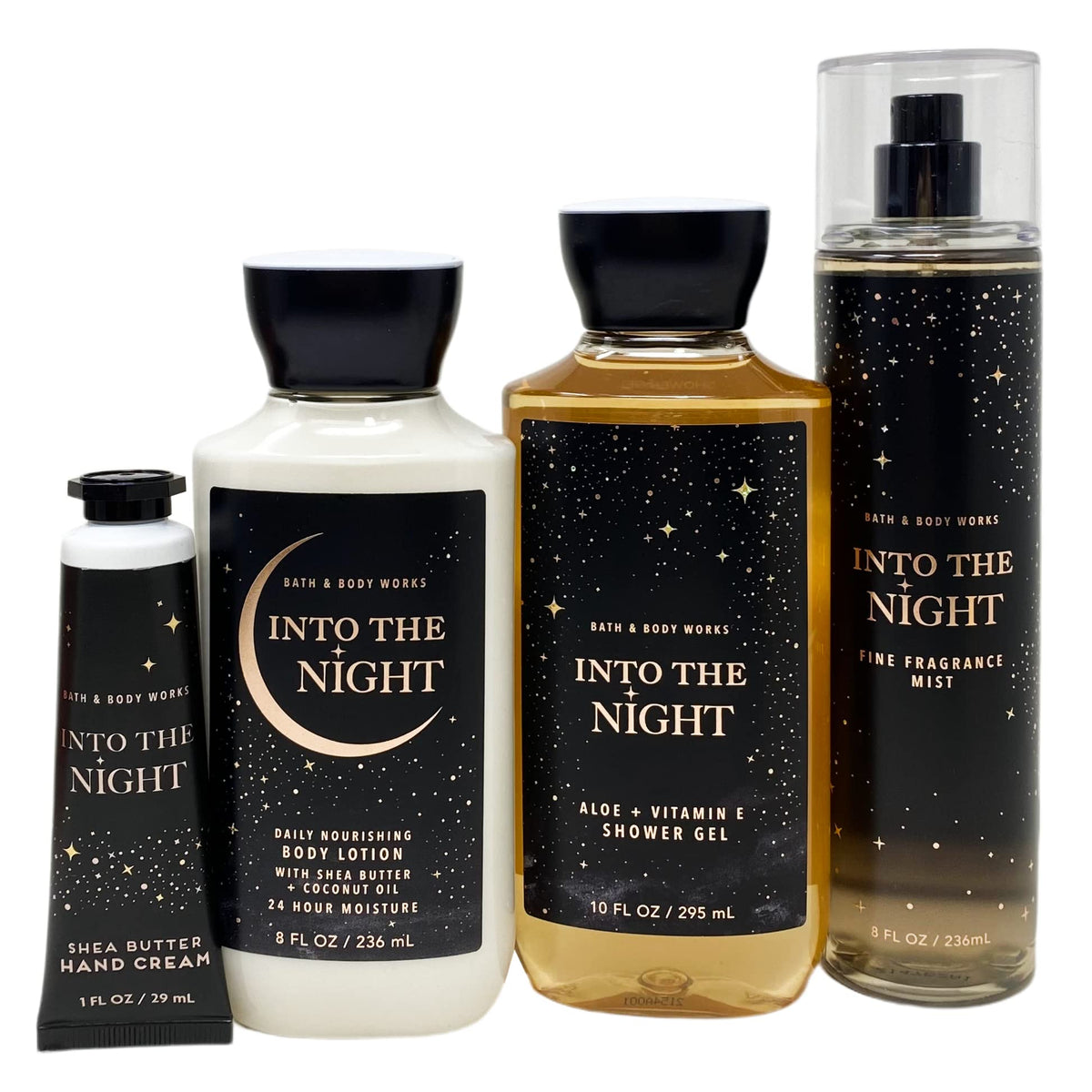 Bath & Body Works close-up of INTO THE NIGHT lotion, gel, mist and hand cream highlighting textures and moisturizing benefits