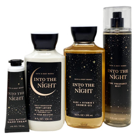 Bath & Body Works close-up of INTO THE NIGHT lotion, gel, mist and hand cream highlighting textures and moisturizing benefits