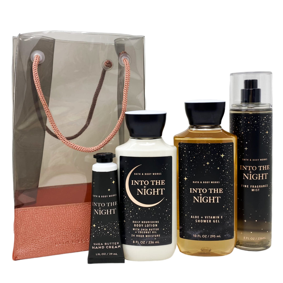 Bath & Body Works front packaging of INTO THE NIGHT gift bag showing bottles and clear bag benefits presentation