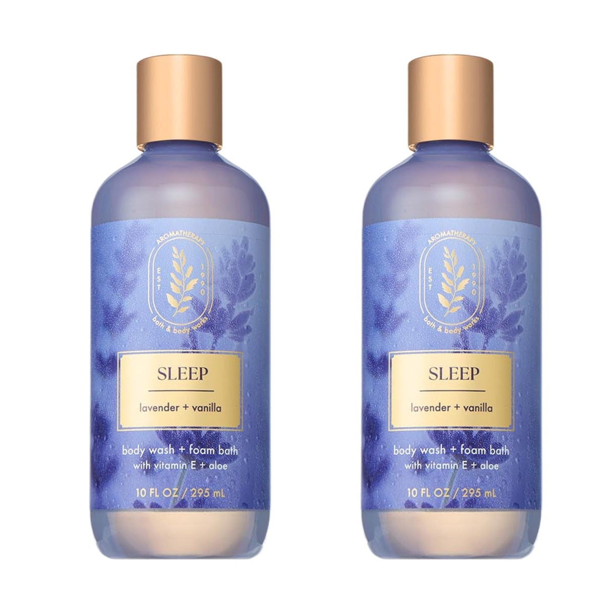 Bath & Body Works front packaging showing lavender vanilla bottles and their calming scent benefit