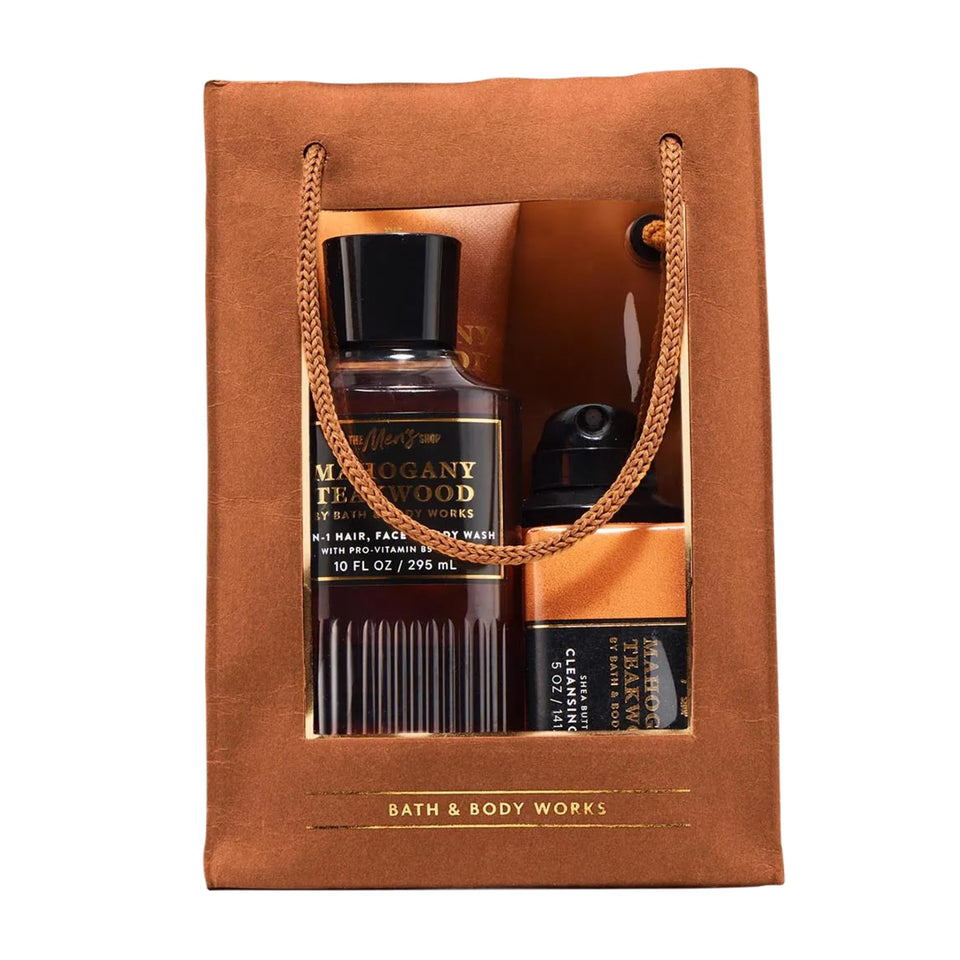 Bath & Body Works front packaging showing Mahogany Teakwood gift set benefits