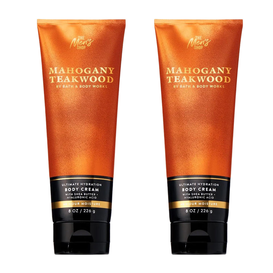 Bath & Body Works front tub showing Mahogany Teakwood label and masculine packaging benefit