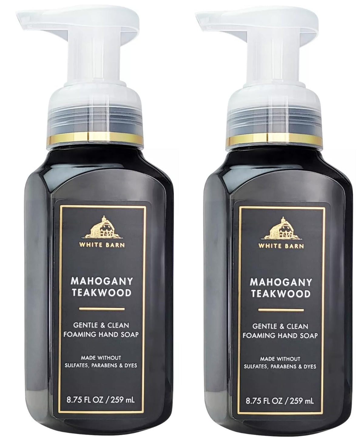 Bath & Body Works bottle front view showing Mahogany Teakwoods label and foaming pump for elegant scent