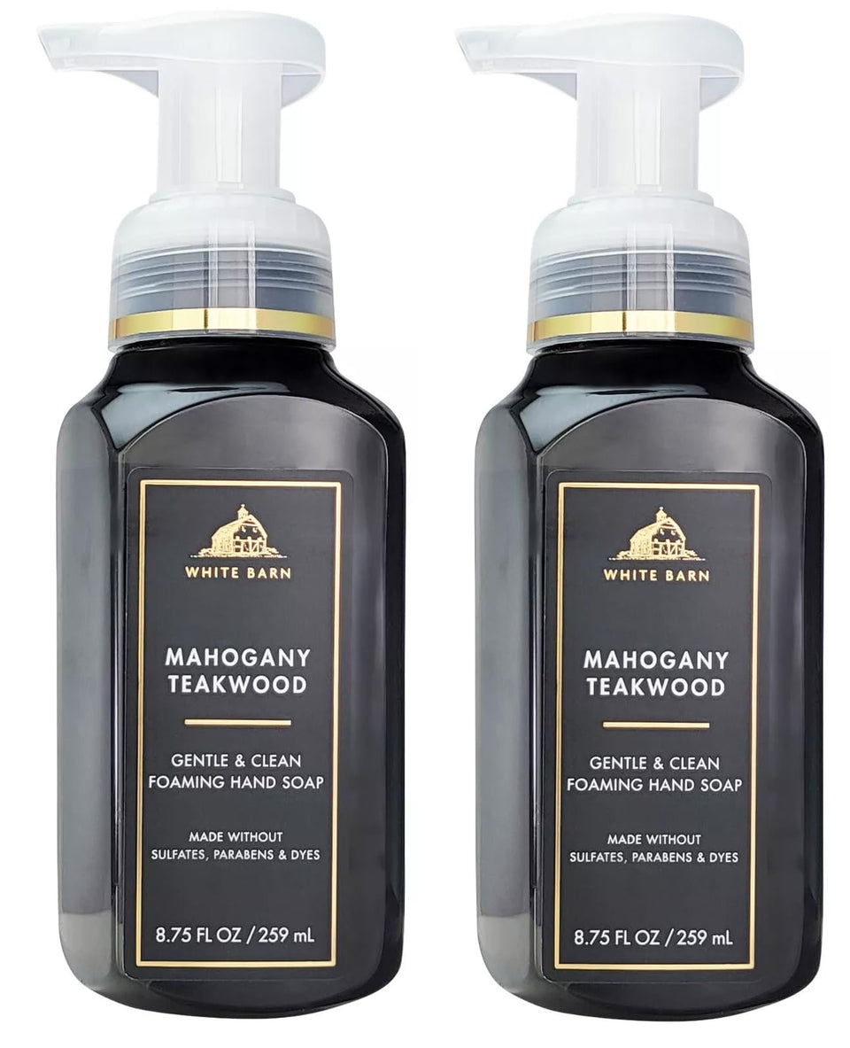 Bath & Body Works bottle front view showing Mahogany Teakwoods label and foaming pump for elegant scent