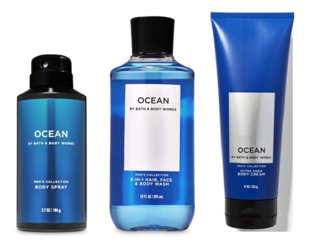 Bath & Body Works Ocean bundle on bathroom shelf depicting easy everyday grooming benefit