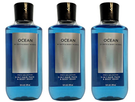 Bath & Body Works Ocean front packaging showing three 10 fl oz bottles and scent benefits