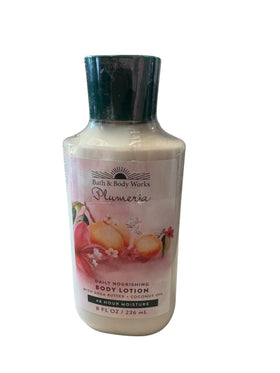 Bath & Body Works front packaging showing 8oz bottle and plumeria scent benefits
