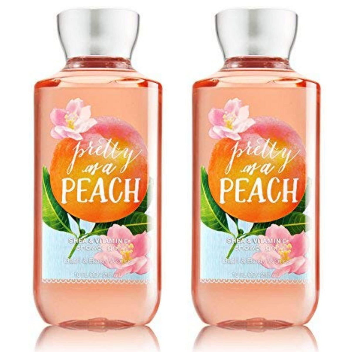 Bath & Body Works front packaging showing two peach-scented shower gel bottles, great for gifting