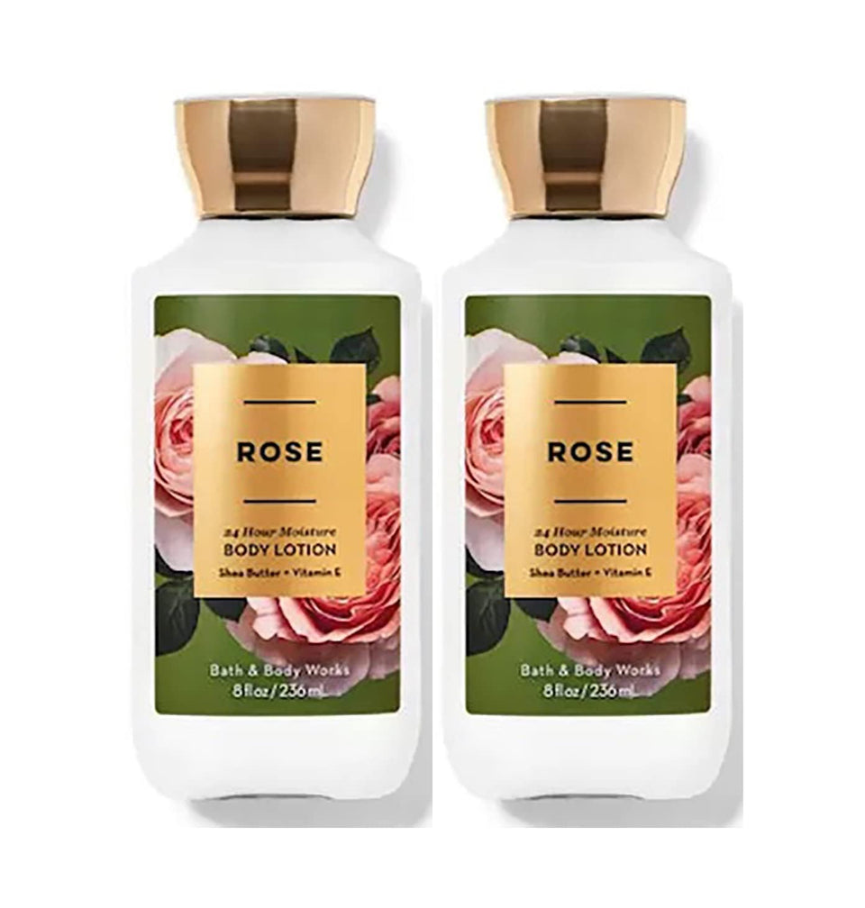 Bath & Body Works front packaging showing two rose lotion bottles and scent clarity