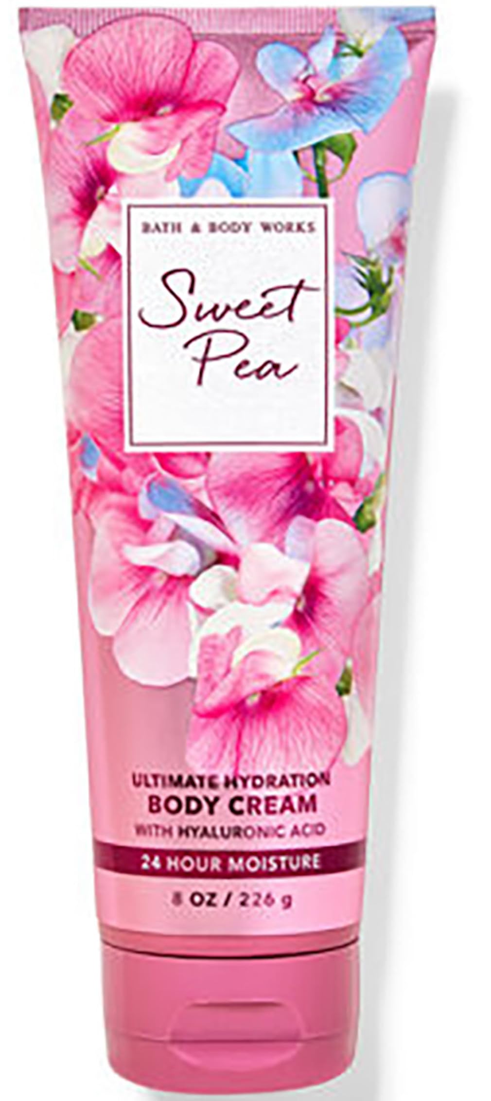 Bath & Body Works front packaging showing sweet pea jar and fragrance benefits