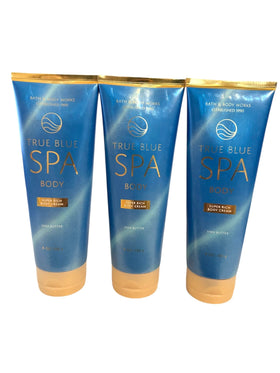 Bath & Body Works jar front packaging showing three 10-ounce True Blue Spa creams and value set