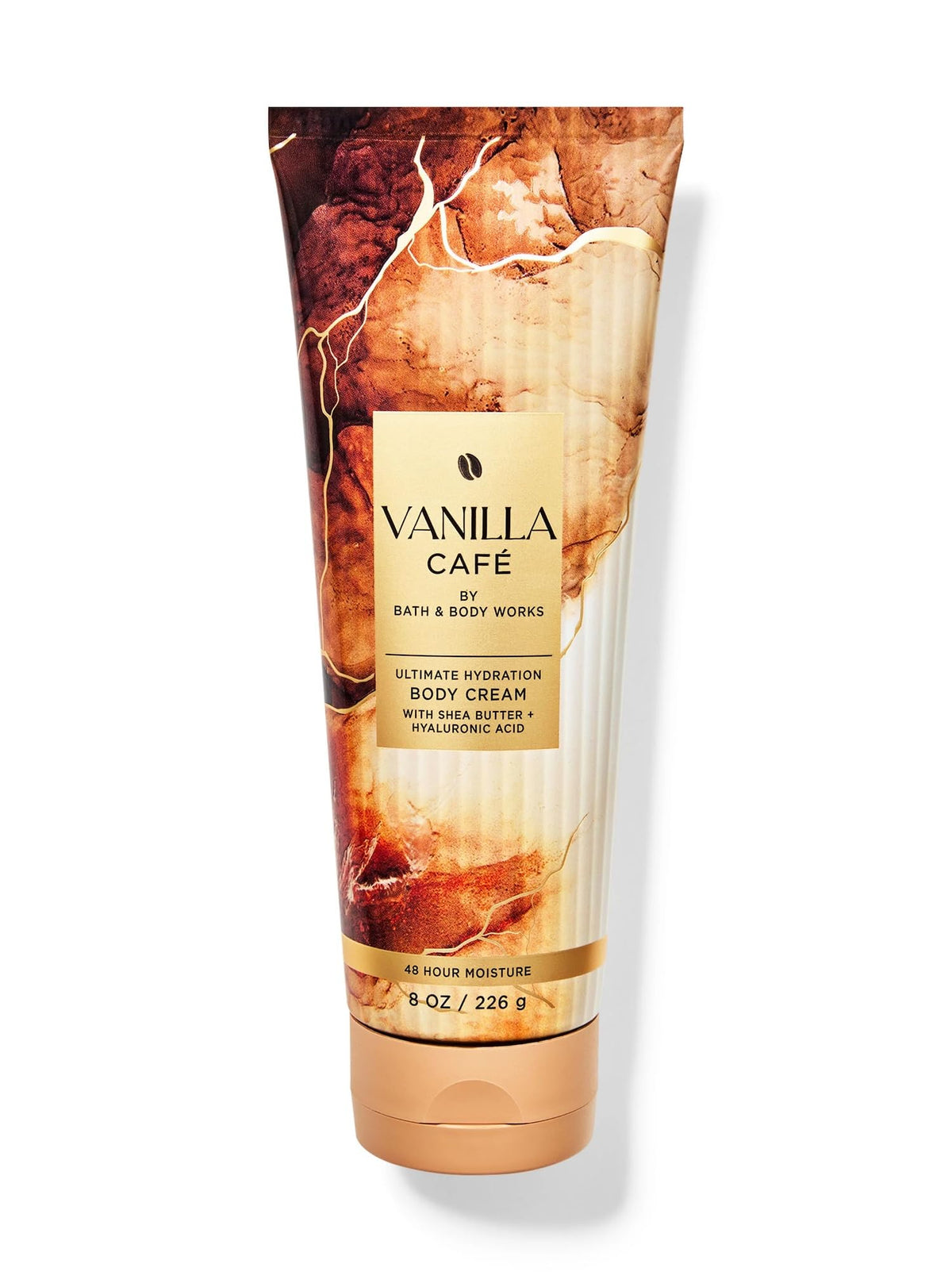 Bath & Body Works jar front view showing label and vanilla café scent, invites hydration