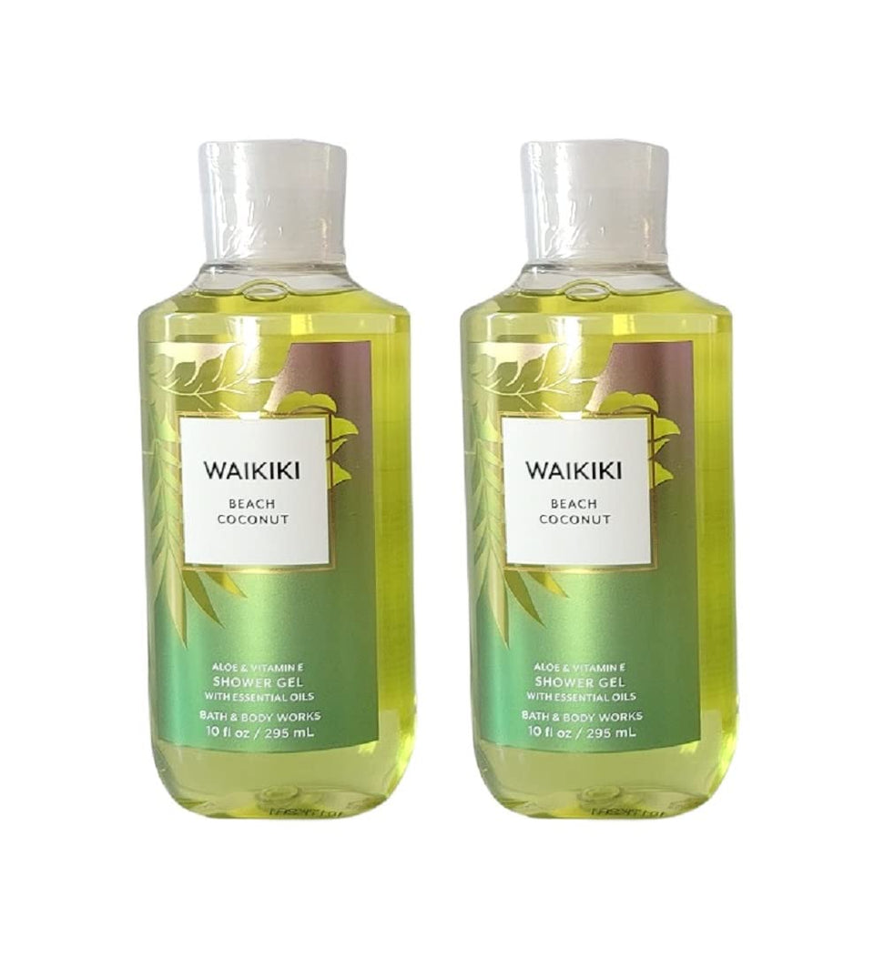 Bath & Body Works front packaging showing two Waikiki Beach Coconut bottles and moisturizing benefits