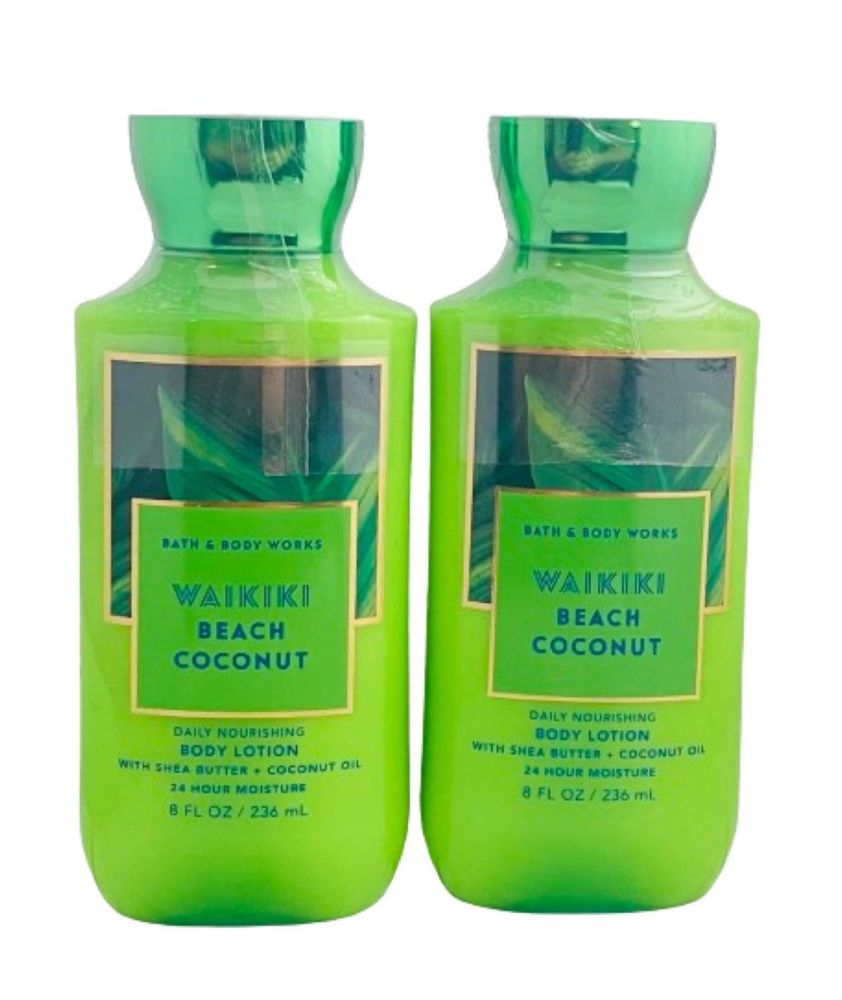 Bath & Body Works front packaging showing two Waikiki Beach Coconut bottles and gift-ready presentation