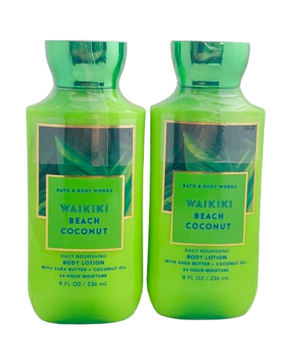 Bath & Body Works front packaging showing two Waikiki Beach Coconut bottles and gift-ready presentation