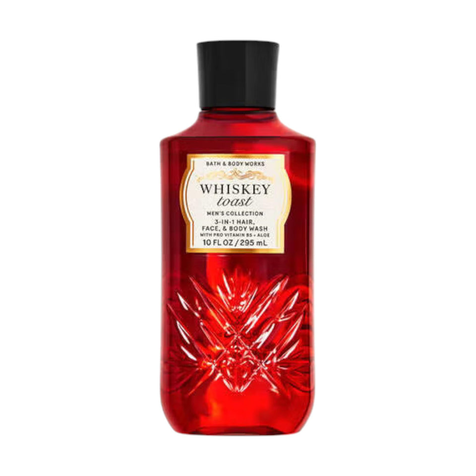 Bath & Body Works Whiskey Toast front packaging showing bottle and benefits