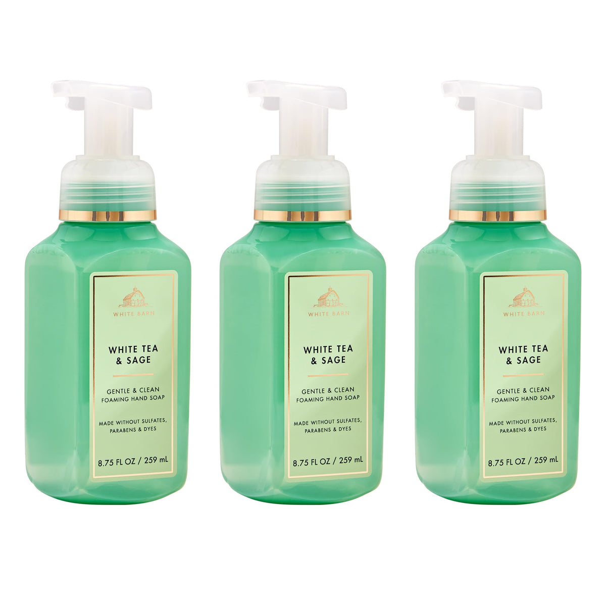 Bath & Body Works front packaging showing three white tea and sage bottles, convenient refill set
