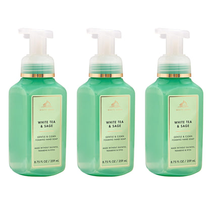 Bath & Body Works front packaging showing three white tea and sage bottles, convenient refill set