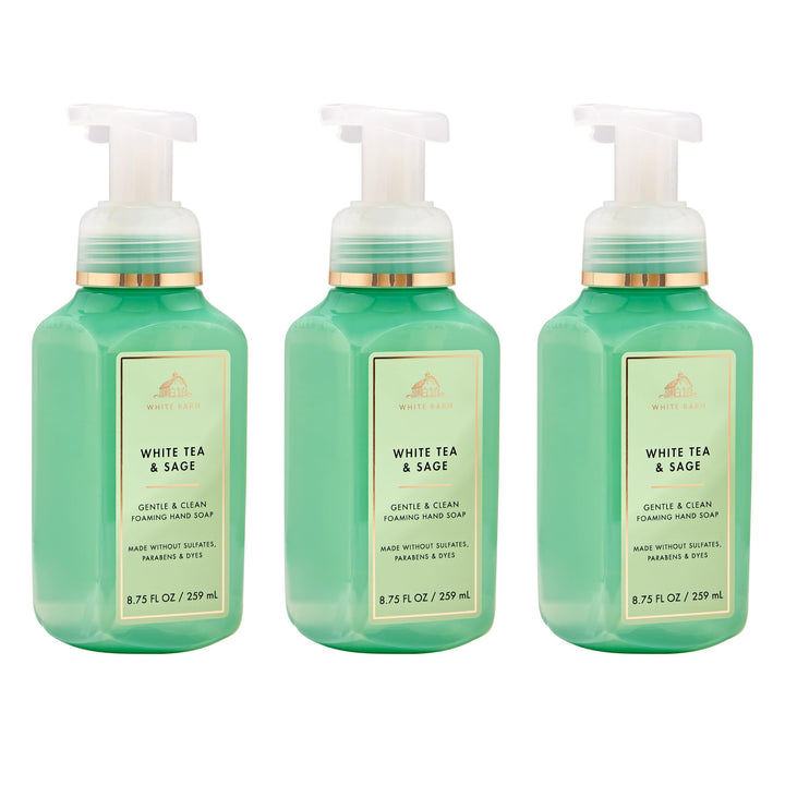 Bath & Body Works front packaging showing three white tea and sage bottles, convenient refill set