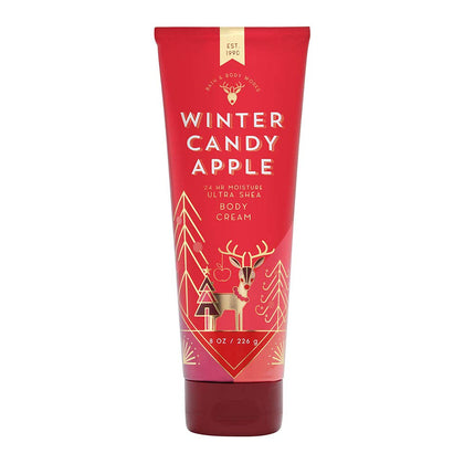 Bath & Body Works front packaging showing Winter Candy Apple 8 oz and festive label