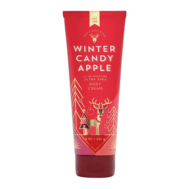 Bath & Body Works front packaging showing Winter Candy Apple 8 oz and festive label