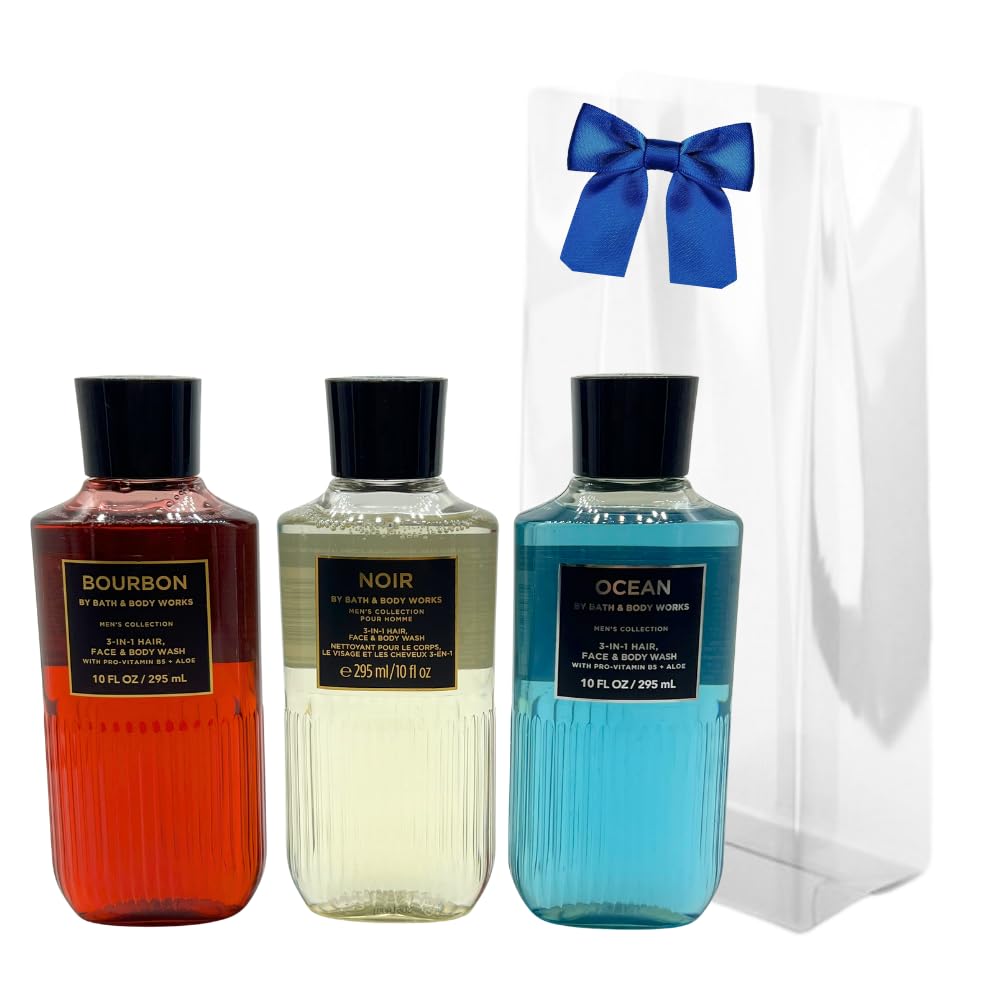 Bath & Body Works front packaging showing three 3-in-1 bottles and blue bow, great gift