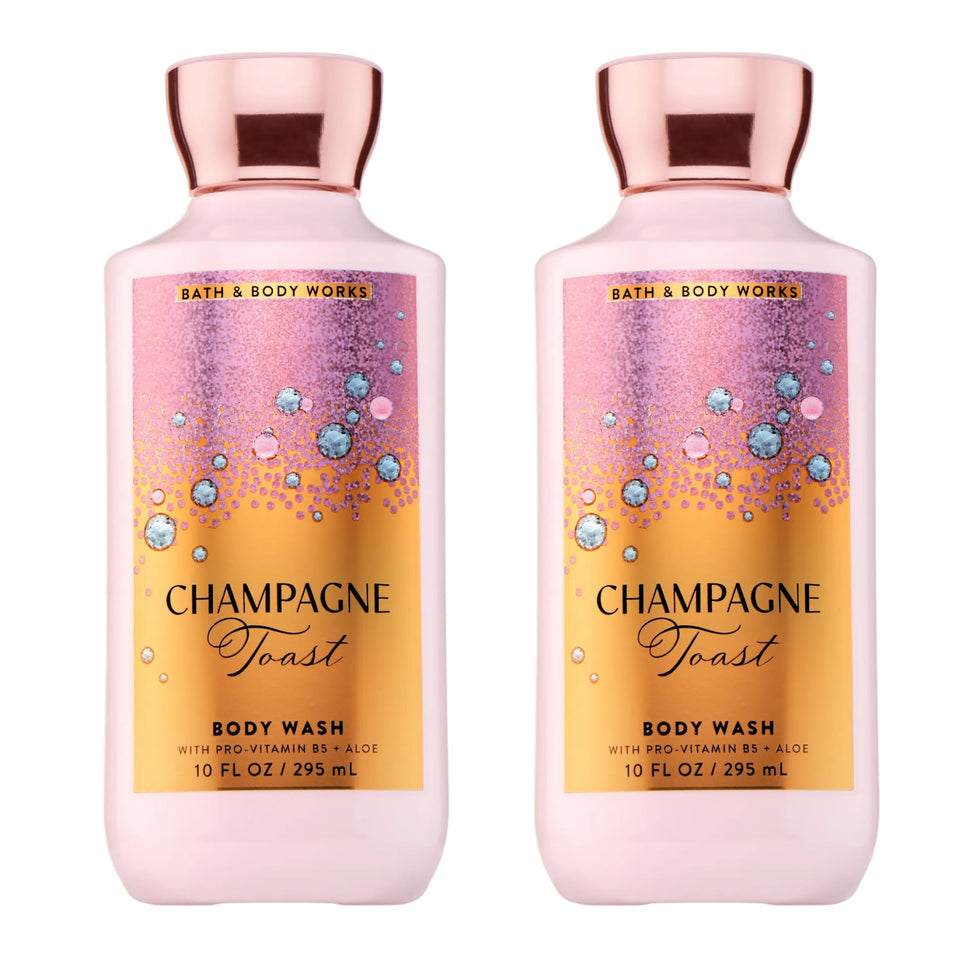 Bath & Body Works front packaging showing Champagne Toast bottles and label benefits