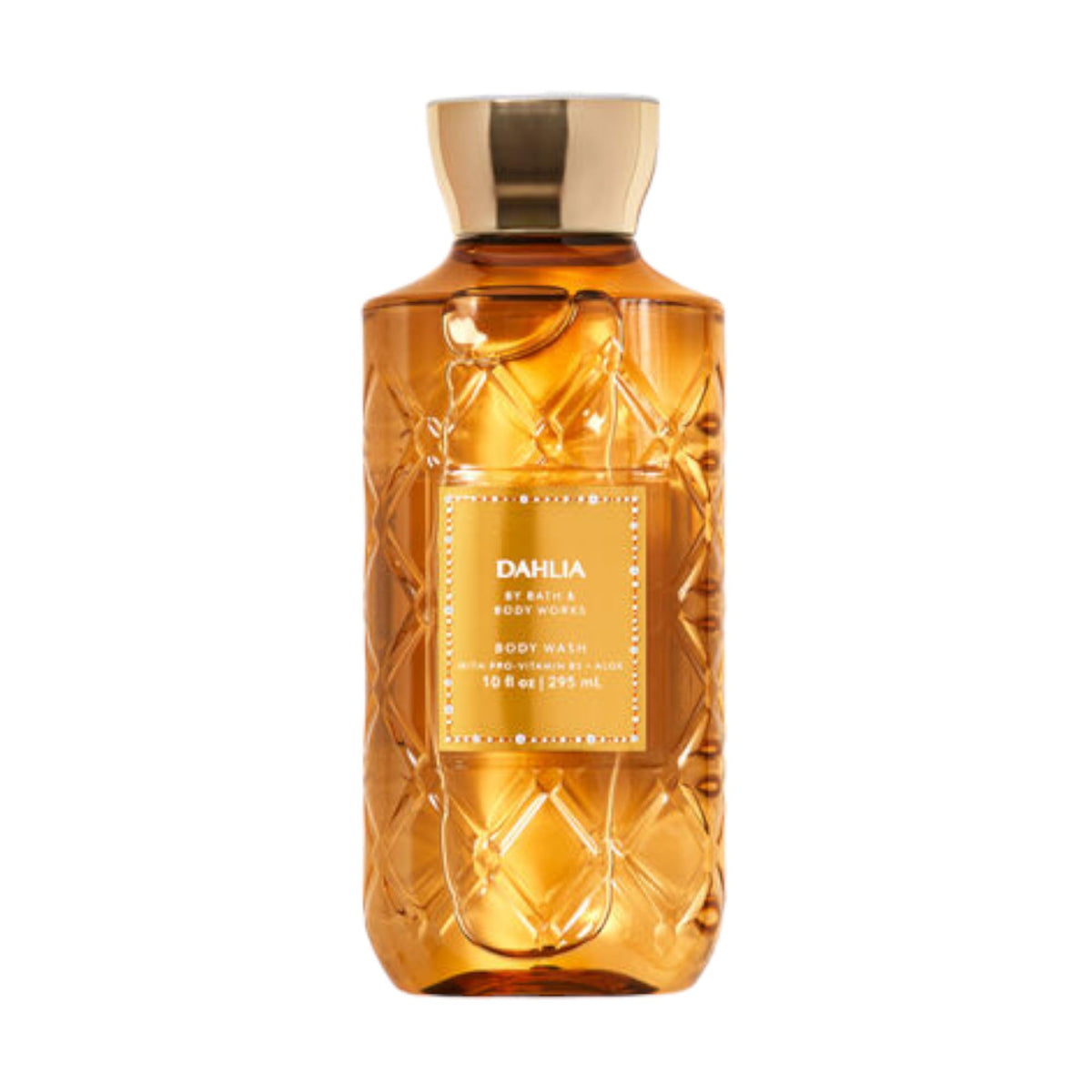 Bath & Body Works Dahlia front packaging showing bottle and floral label, enhances shower scent