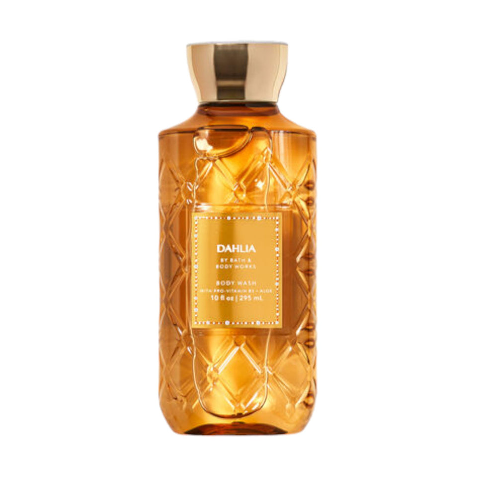 Bath & Body Works Dahlia front packaging showing bottle and floral label, enhances shower scent