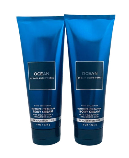 Bath & Body Works front packaging of men's ocean body cream showing label and 8 oz tub benefit hydration
