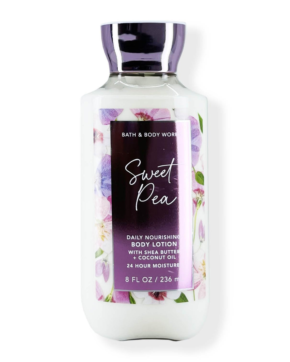 Bath & Body Works Sweet Pea front packaging shows bottle and delicate floral scent benefits
