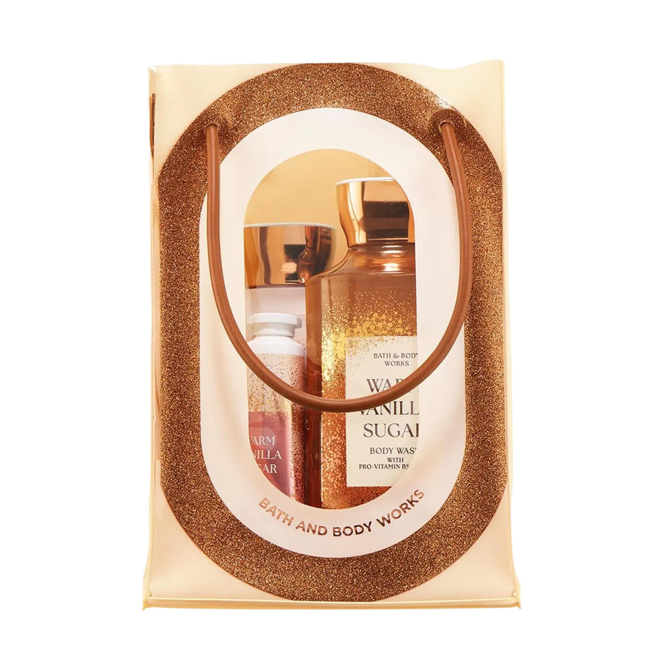 Bath & Body Works front packaging of Warm Vanilla Sugar gift set showing all four items and gift-ready appeal