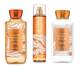 Bath & Body Works front view of full Warm Vanilla Sugar set showing cohesive packaging and scent