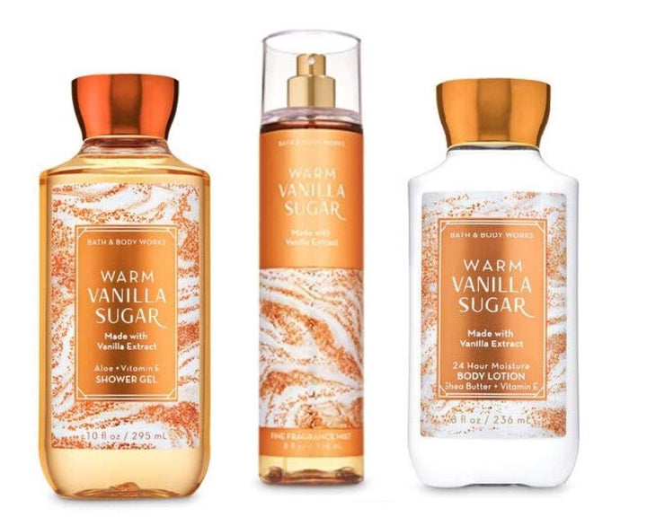 Bath & Body Works front view of full Warm Vanilla Sugar set showing cohesive packaging and scent