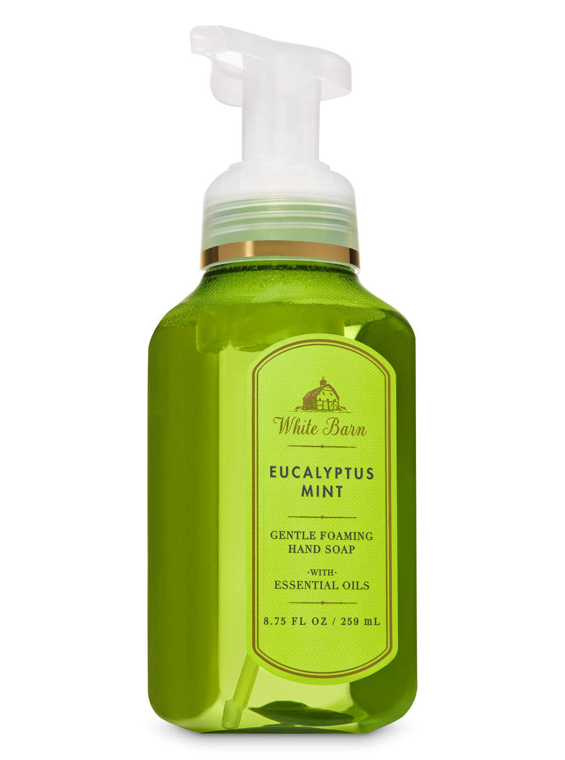 Bath & Body Works White Barn pump dispensing airy eucalyptus mint foam, gentle cleansing benefit