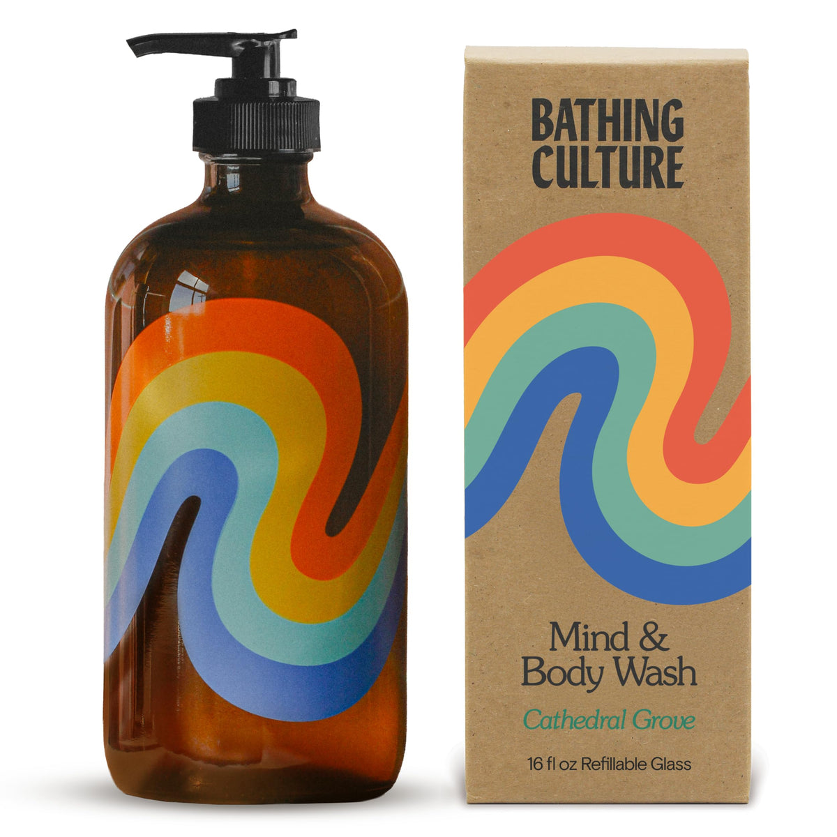 Bathing Culture front bottle view showing Cathedral Grove scent and eco benefit