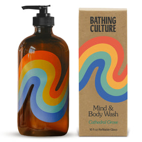 Bathing Culture front bottle view showing Cathedral Grove scent and eco benefit