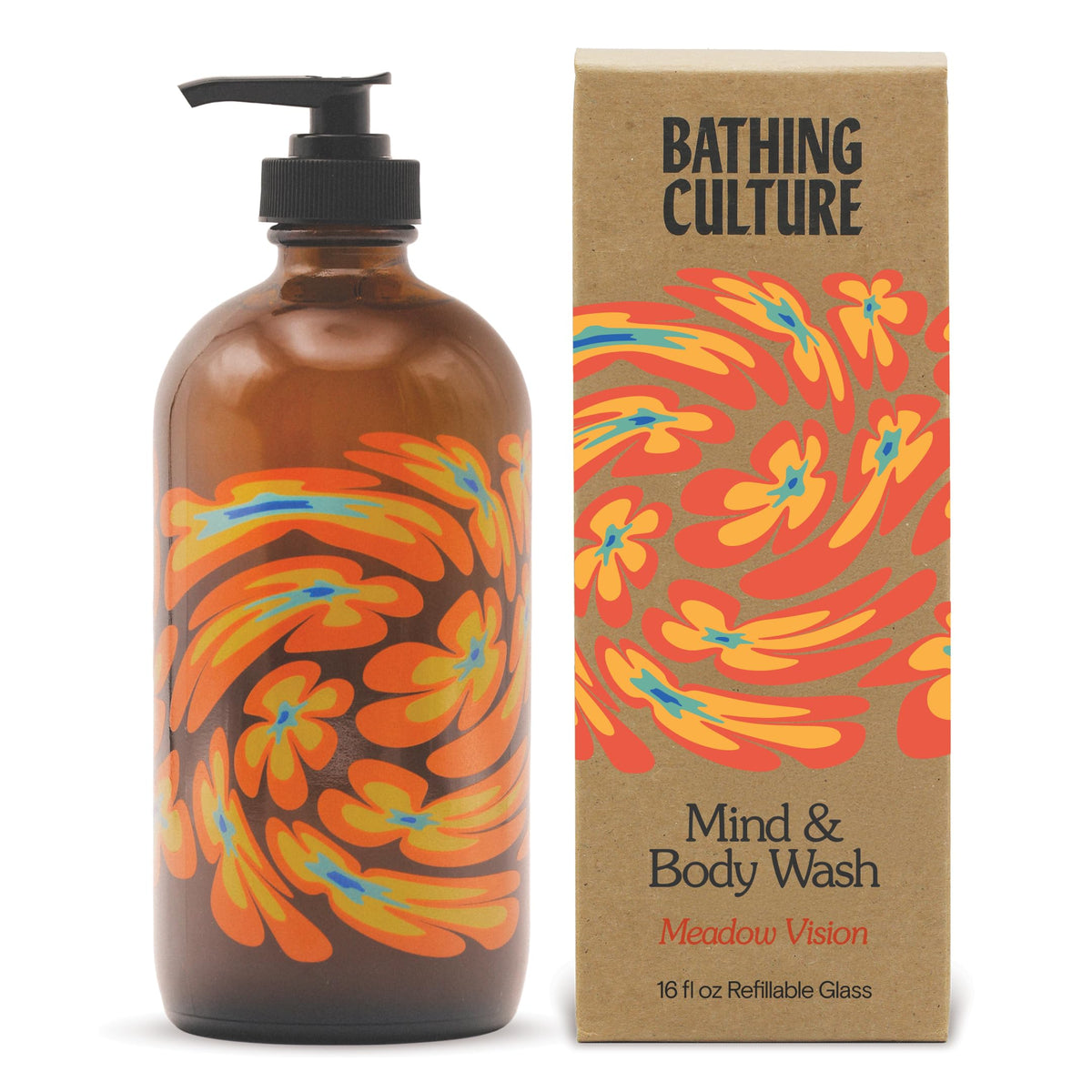 Bathing Culture front bottle showing Meadow Vision label and sustainable glass benefit