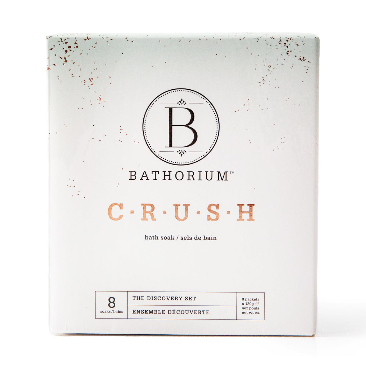 Bathorium front packaging showing the full discovery set and elegant branding benefits relaxation