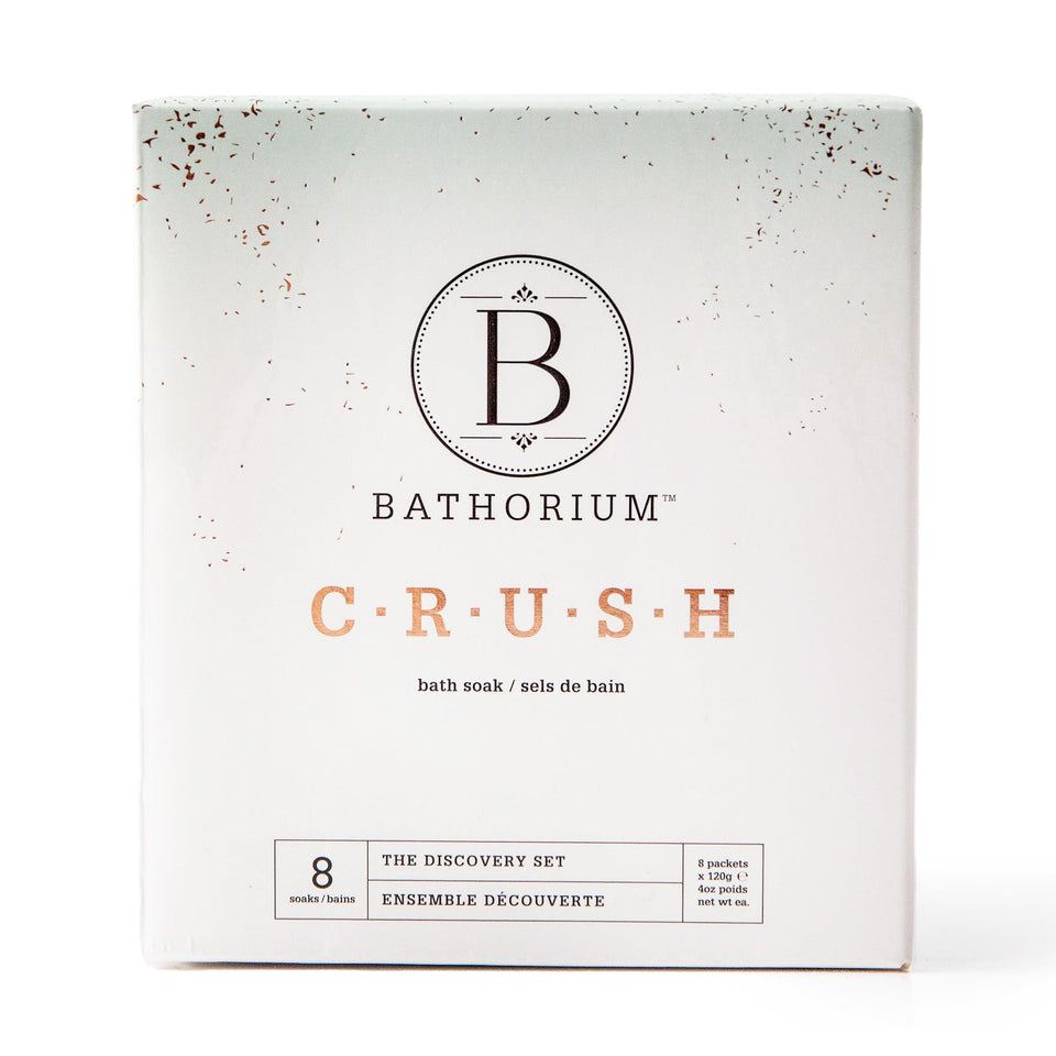 Bathorium front packaging showing the full discovery set and elegant branding benefits relaxation