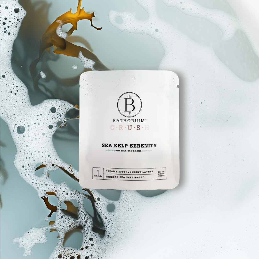 Bathorium soak dissolving in bathtub lifestyle scene demonstrating calming soak benefit
