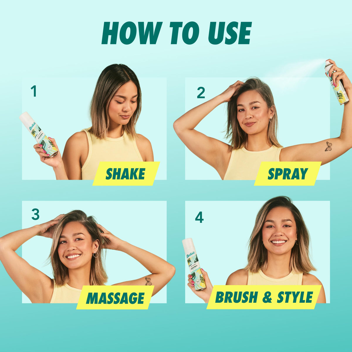 Batiste cans styled on bathroom shelf conveying everyday accessibility and routine