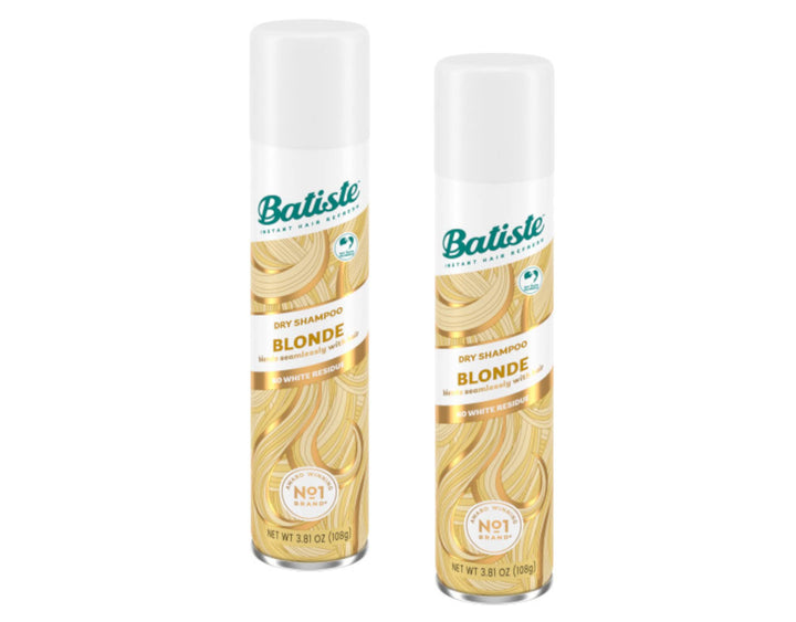 Batiste front packaging showing twin Brilliant Blonde cans and clear benefit