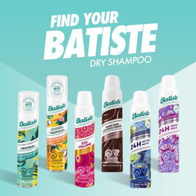 Batiste spraying onto brown hair demonstrating quick oil absorption and refresh