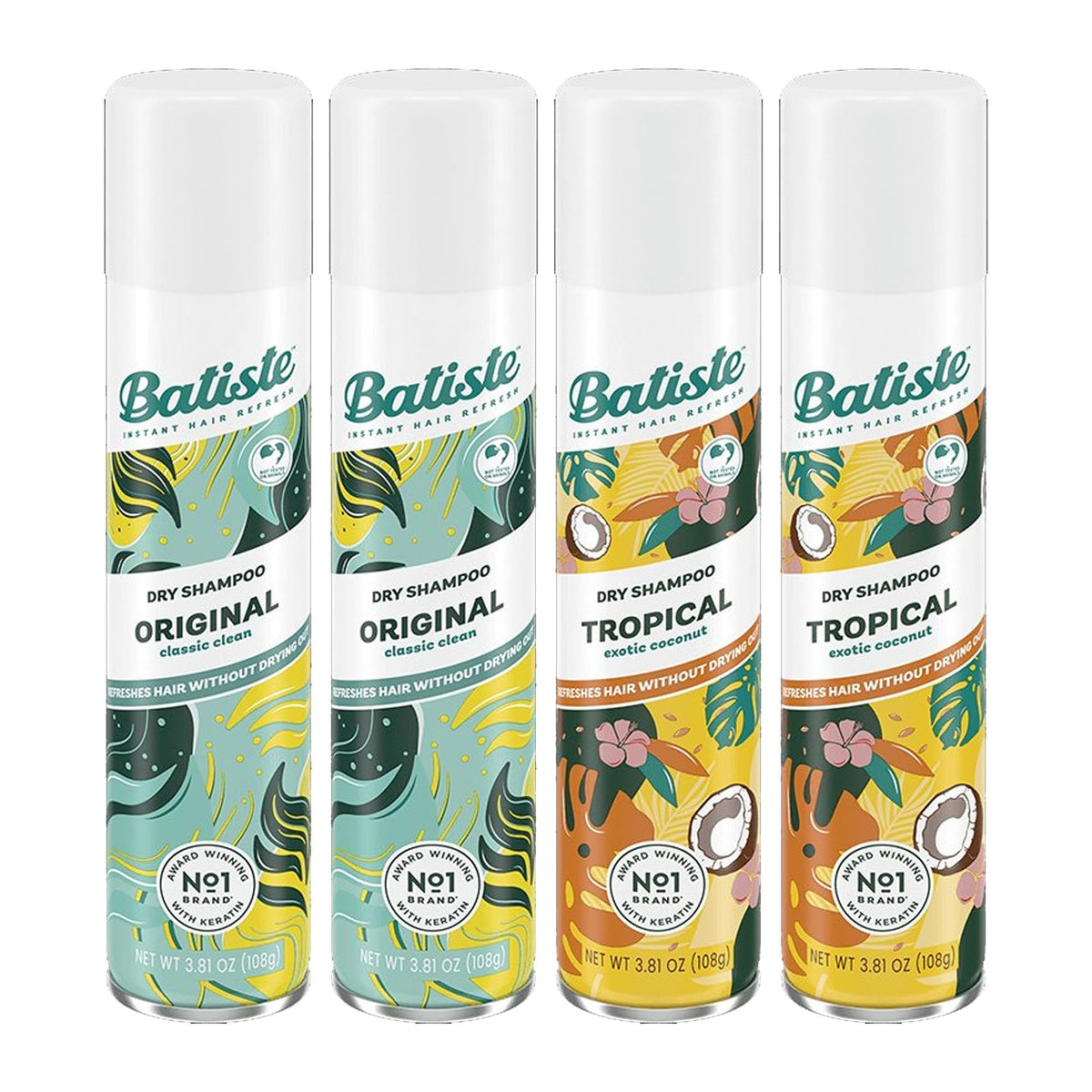 Batiste front pack showing four cans and variety mix benefit