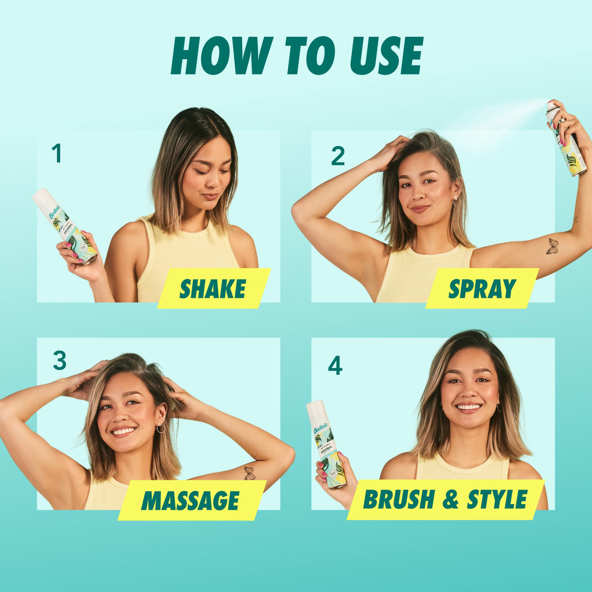 Batiste in a bathroom setting during morning routine showing time-saving refresh