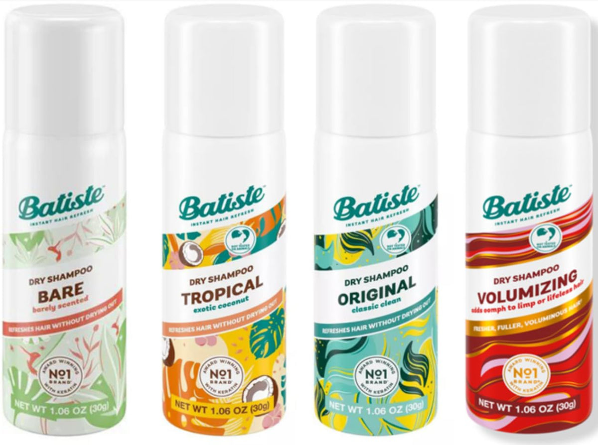 Batiste mini 4-pack front view showing four travel-size cans and easy refresh benefit